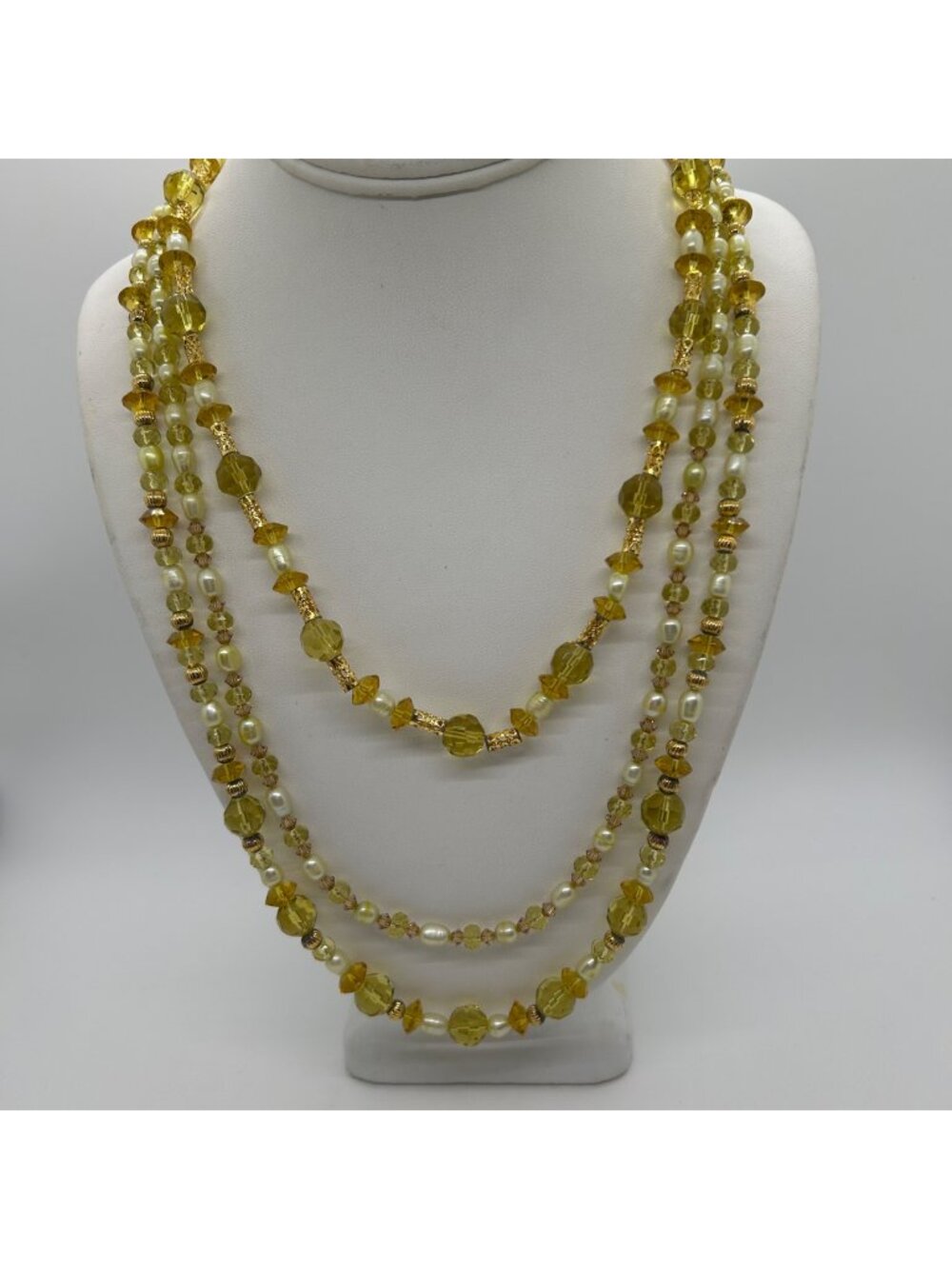 Vintage Multi-Strand Yellow Glass & Faux Pearl Bead Necklace Layered Statement